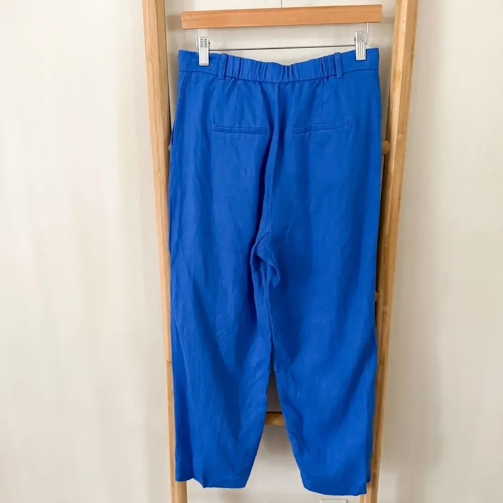 Mango 100% Linen Blue Elastic Back Slim Crop Pants Women US 4 EU 36
